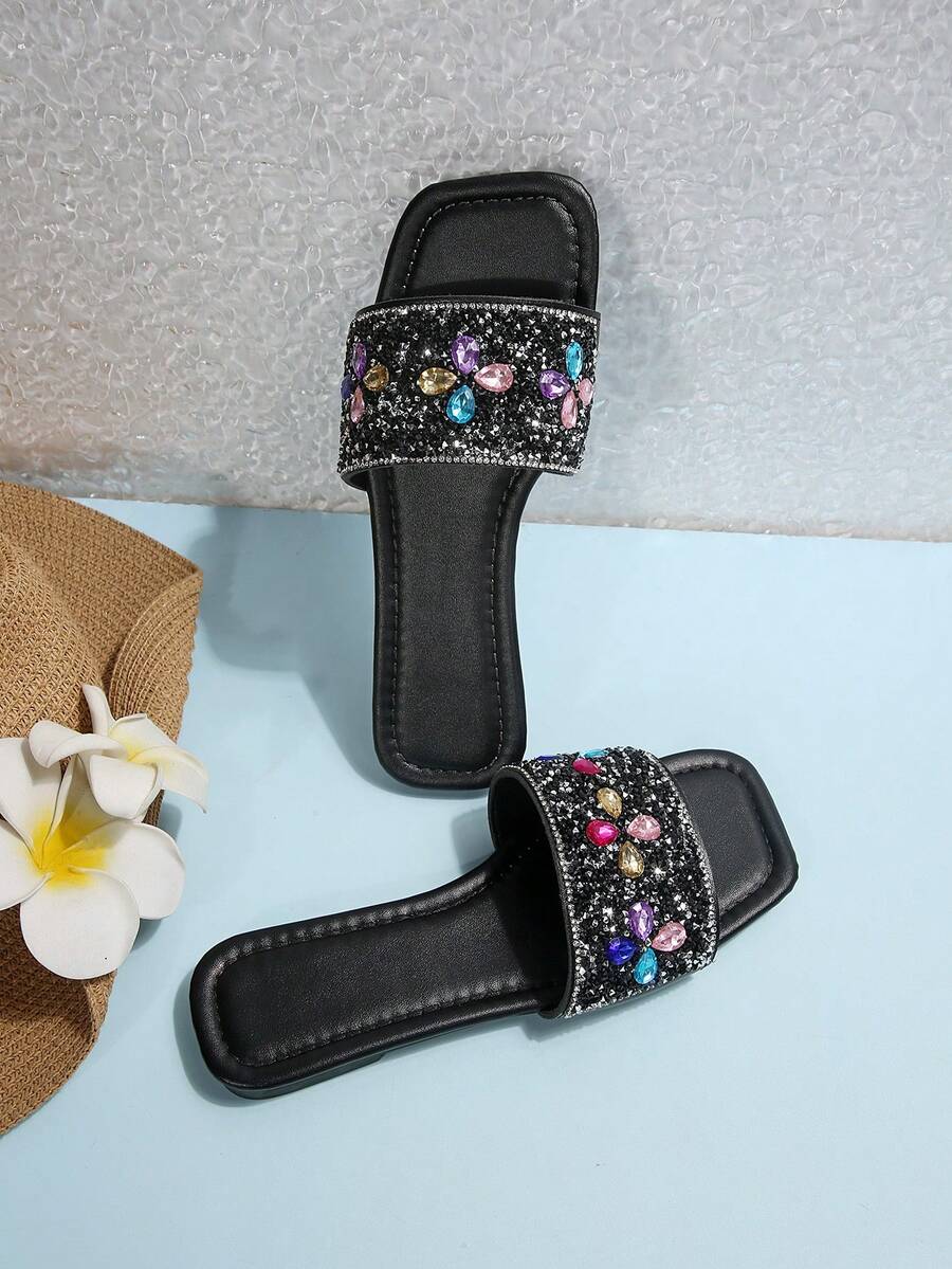 Women's Black Rhinestone Flat Slides, Square Toe Open Toe Slip-On Sandals, Shiny Crystal Summer Casual Mules - Black - View 1
