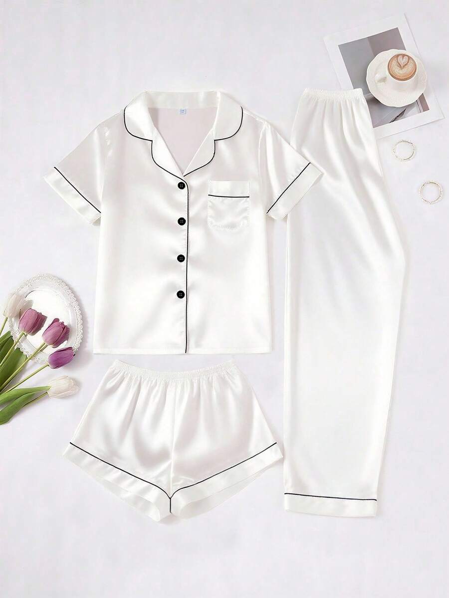 Women's 3-Piece Solid-Color Pajama Set With Contrasting Trim In Faux Silk - 金色 - 查看 1
