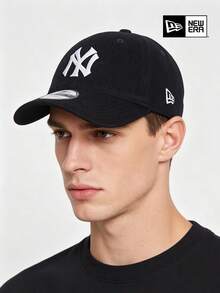 New Era 黑色燈芯絨 NY Logo 棒球帽，復古街頭風老爹帽，休閒中性日常頭飾 - 黑色 - 查看 1