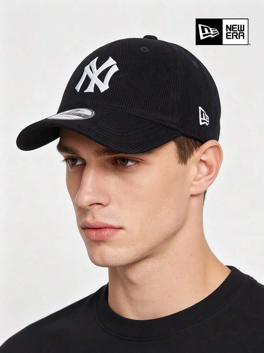 New Era 黑色燈芯絨 NY Logo 棒球帽,復古街頭風老爹帽,休閒中性日常頭飾 - 黑色 - 查看 1
