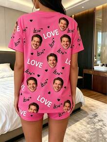 女款客製化人臉與文字睡衣套裝，白色，附個性化人臉、LOVE與愛心印花，柔軟面料，休閒風格，情侶禮物 - 玫紅色 - 查看 4