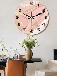 Elegant Silent Wooden Wall Clock - 10/12 Inch Round, Marble Water Ripple Design, Pink & Gold Accents, Battery Powered (AA Batteries Not Included), Home Decor Accessory | Elegant Wall Clock | Marble Effect Clock, Living Room Wall Clock - 1PC - View 4