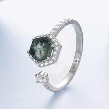 bamoer 1pc Hexagon Moss Agate Open Ring 925 Sterling Silver Twisted Band Halo Zirconia Adjustable Finger Ring Vintage Daily Party Jewelry Gift For Women - Silver - View 4