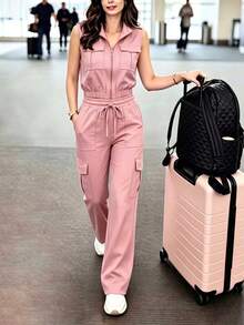 2pcs/Set Women's Elegant Collared Short Sleeve Top & Wide Leg Pants Suit, Solid Color Slim Fit, Concealing Flaws Summer Pink - Pink - View 2