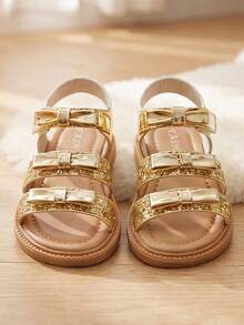 Model Terbaru - Sandal Emas untuk Anak Perempuan Usia 3-12 Tahun. Emas Metalik + Garis Berkilau + Pita + Perekat. Gaya Transparan Mengkilap. - Emas - View 2
