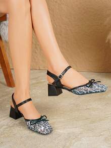 Women's Square Toe Soft Low Vamp Leopard Print Mesh Hollow-Out Closed Toe High Heel Sandals - Black - View 2