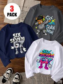 3pcs/Set Tween Boys Long Sleeve Tops, Cool Headphone Bear Building Block Number 67 Cartoon Graffiti Print Crew Neck Loose Pullover Spring Autumn Children's Clothing - Dark Grey - View 1