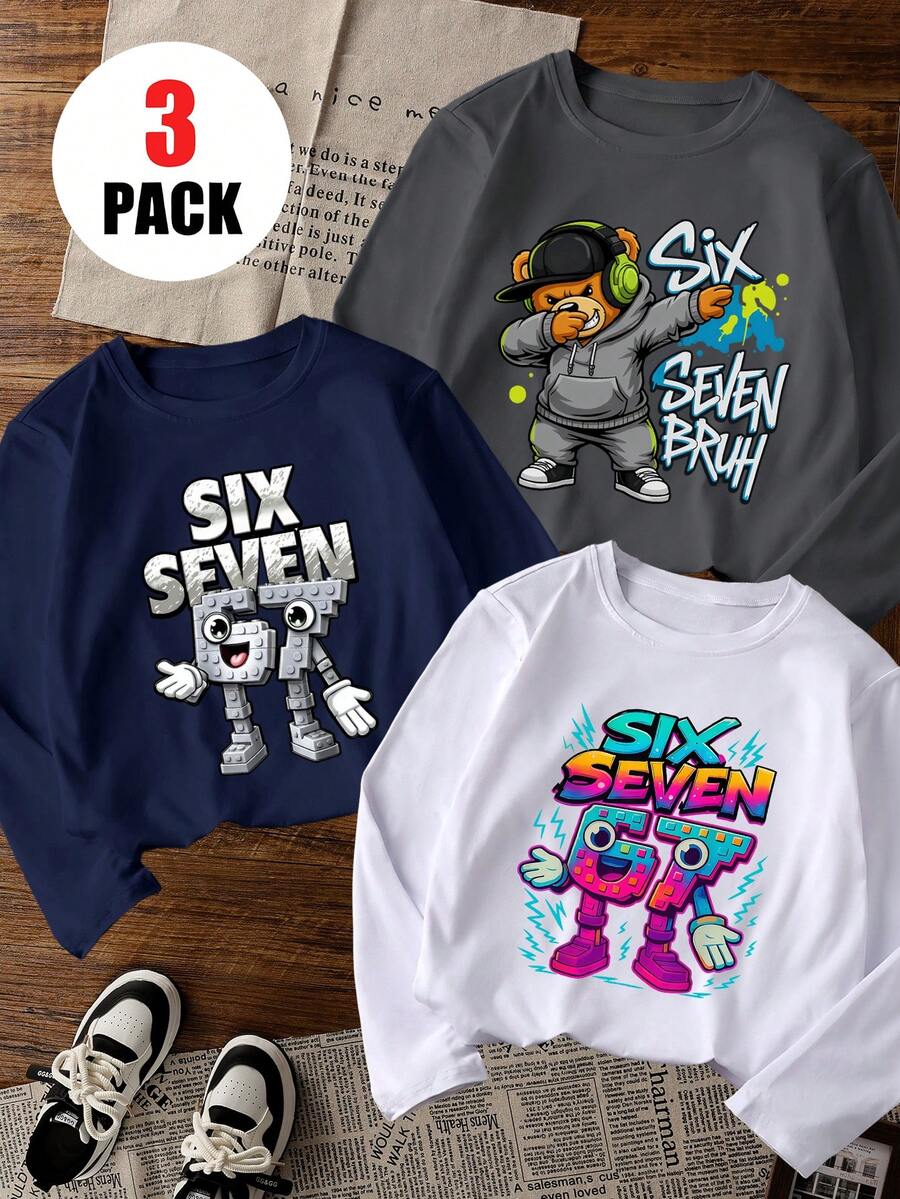 3pcs/Set Tween Boys Long Sleeve Tops, Cool Headphone Bear Building Block Number 67 Cartoon Graffiti Print Crew Neck Loose Pullover Spring Autumn Children's Clothing - Dark Grey - View 1