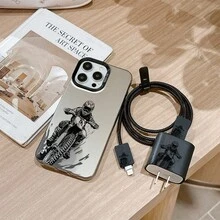 6pcs Set Integrated Colorful Silver Black Cartoon Motorcycle Pattern Phone Case + Charger Head Cover + Cable Protector + Storage Rope + Data Cable Protector Wrap Rope TPU Shockproof Protective Shell Apple Phone Case Compatible With Apple 6 7 8 XXs XR XS Max 11 12 13 14 15 16 Pro Max Suitable As Birthday And Christmas Gift For Couples, Women, Daughters, Boyfriends, Girlfriends, Teenage Girls - Multicolor - View 5