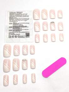24片白色法式半覆蓋鑲嵌方形假指甲貼紙+果凍膠+指甲沙板壓克力假甲美甲工具套裝 - 白色 - 查看 3