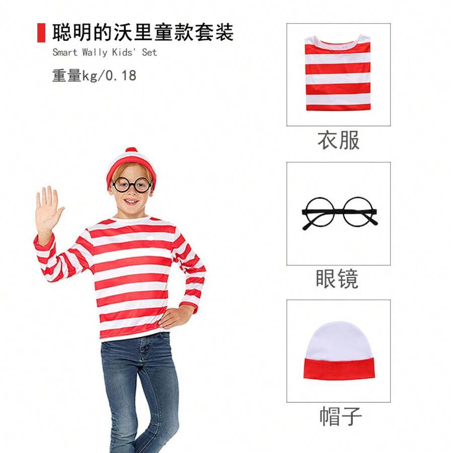 Disfraz de Halloween para padres e hijos: Smart Wally, disfraz de cosplay de dibujos animados británicos. - Ropa para niños Worry + Gafas + Sombrero - Ver 1