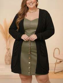 Women's Plus Size Knit Cardigan With Braids, Warm Winter Coat, Long Sleeves With Pocket, English Knit - Black - View 3