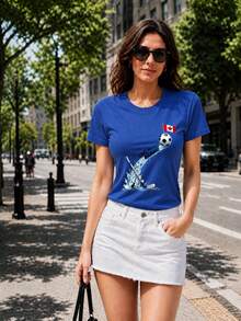 Ladies Summer Top World Cup Maple Legion Printed Round Neck Short Sleeve T-Shirt, Fan Gifts, Vacation, Fitness, Outdoor Activities - Blue - View 9