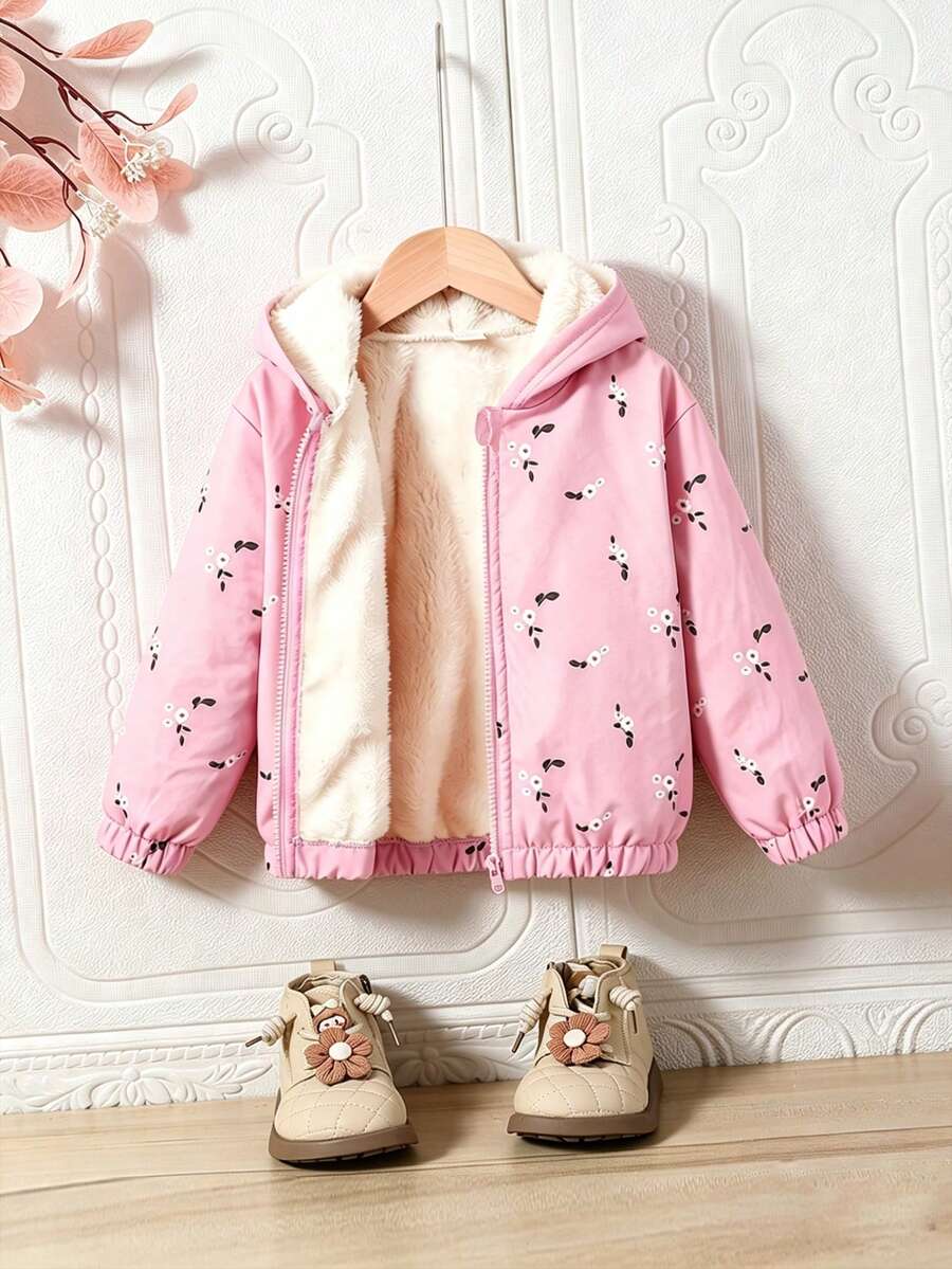 Baby Girl Floral Print Warm Hooded Jacket - Pink - View 1