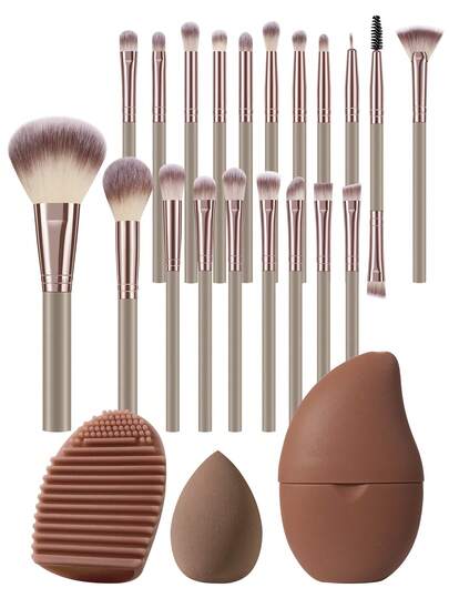Juego de 1/23 piezas de herramientas de maquillaje que incluye: 20 piezas de juego de brochas de maquillaje + 1 pieza de esponjas de maquillaje + 1 pieza de herramientas de limpieza de brochas de maquillaje + 1 pieza de compresa de hielo facial