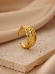 1 Peça Anel Personalizado com Estrela & Flor Canelado, Banhado a Ouro 18K, Banda Aberta, Acessório de Design de Nicho, Presente para Look de Uso Diário - Dourado 2 - Visão 7