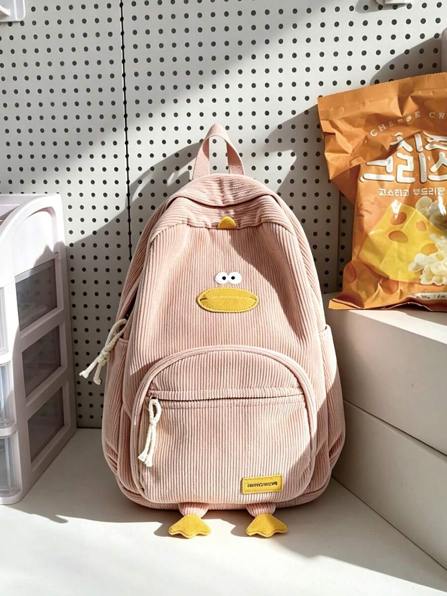 Cute Duck Pattern Corduroy Backpack, Casual Daily School Bag