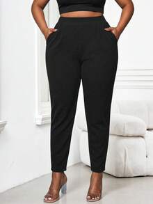 SHEIN Lady Plus Fold Pleated Slant Pocket Pants Plus Size Women's Pants, Summer Coordinated, Rave Festival, Long Women Dresses, Wedding Reception Dress Black - Black - View 1