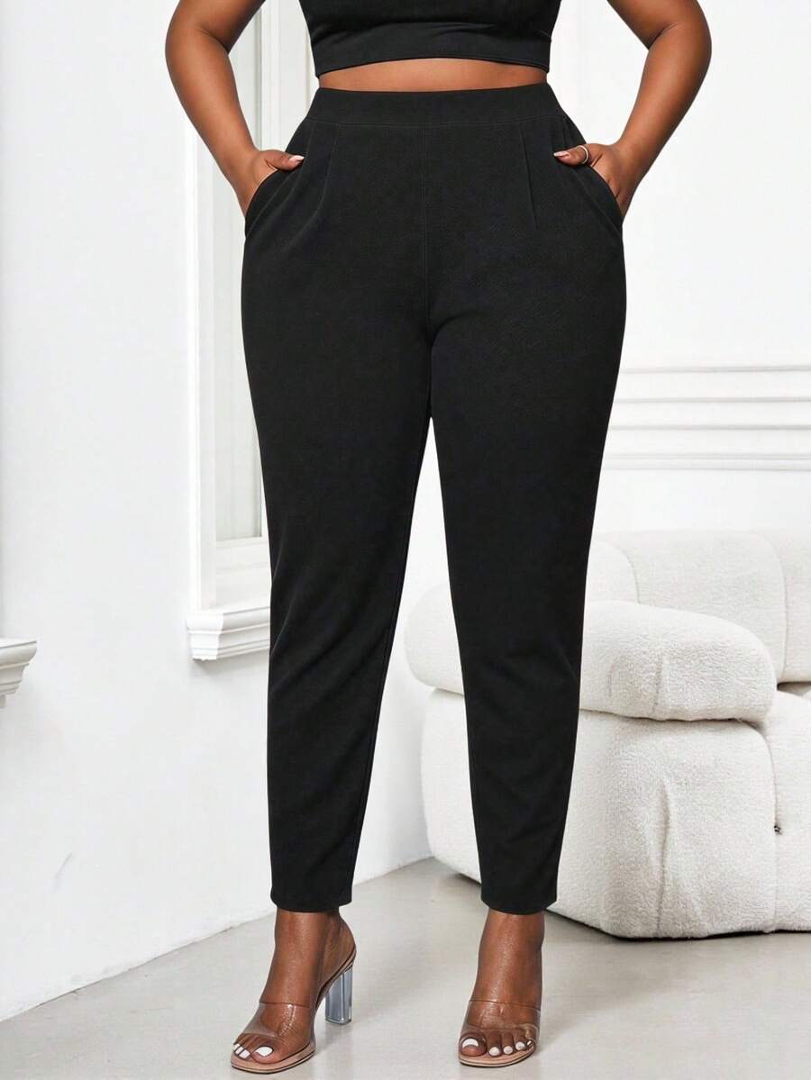 SHEIN Lady Plus Fold Pleated Slant Pocket Pants Plus Size Women's Pants, Summer Coordinated, Rave Festival, Long Women Dresses, Wedding Reception Dress Black - Black - View 1