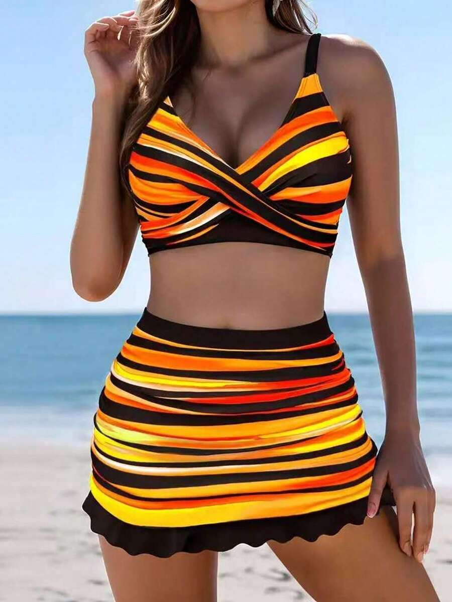 Pieces: Top With Crisscross Straps, High-Waisted Bottoms, And A Swim Skirt. Neon Striped Padded Swimsuit, Suitable For Summer Beach, New Year's, And Valentine's Day Vacations. - 紅色 - 查看 1