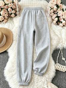 YI XUAN Women's Casual Grey Knitted Fabric Jogger Sweatpants With Pockets, Cropped Length For Sporty Preppy Style, Perfect For Fall Lounging - Light Grey - View 3