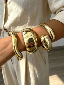 3pcs Layered Fashion Minimalist Elegant Exquisite Vintage Design Geometric Ribbon Wave Water Drop Asymmetrical Texture CCB Lightweight Polished Minimalist Plain Metal Style Exaggerated Wide Chunky Bangle Set, Holiday Vacation Party Date Gift, Daily Commute Wear - Yellow Gold - View 4