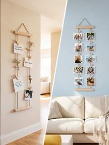 1/18pcs Wood Photo Hanging Rope With Wooden Clips, Multi-Photo Display Rack, No Drilling Required, Space-Saving For Dorm, Bedroom, Desk, And Wall Decoration - Multicolor - View 1