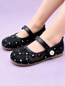 Girls Black Mesh Floral Embroidery Mary Jane Flats, Pearl Hook And Loop Non Slip Soft Sole Shoes, Wedding Party Princess Shoes For Girls Ages 3-10 - Black - View 2