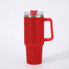 1pc 40oz Large Capacity Tumbler With Handle, Rhinestone Pattern Stainless Steel Insulated Cup With Straw, Reusable Travel Mug For Car Office Outdoor, Ideal Gift For Women & Teens - Multicolor - View 12