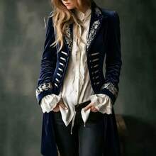 2026 Women's Autumn/Winter Long-Sleeved Patchwork Lace Velvet Mid-Length Coat, Slim Fit, Stylish Blazer - Navy Blue - View 4