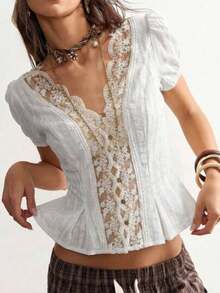 Blusa casual de mujer de manga corta con parches de unicolor y adorno de encaje - Blanco - Ver 1