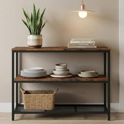 Kitchen Island With 3 Shelves, Kitchen Shelf With Large Workstation, Bakers Rack, Workbench, Metal Frame, Rustic Brown And Black
