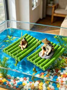 1組手工製作姜太公釣魚竹筏裝飾品，迷你可愛漁夫雕像漂浮在竹筏上，魚缸裝飾，趣味魚缸配件，泳池玩具，適合室內外釣魚愛好者 - A - 查看 3