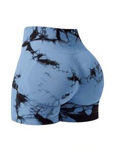 Shorts de fitness de mujer con teñido anudado púrpura de moda de verano, shorts de running sin costuras acanalados de cintura alta con control de abdomen, pantalones deportivos de color bloque azul/negro con teñido anudado de ajuste ceñido para exteriores, pantalones deportivos casuales para exteriores, adecuados para gimnasio, yoga, entrenamiento, ciclismo, uso casual al aire libre, shorts deportivos diarios para mujer, primavera/verano/otoño/invierno - Azul - Ver 9