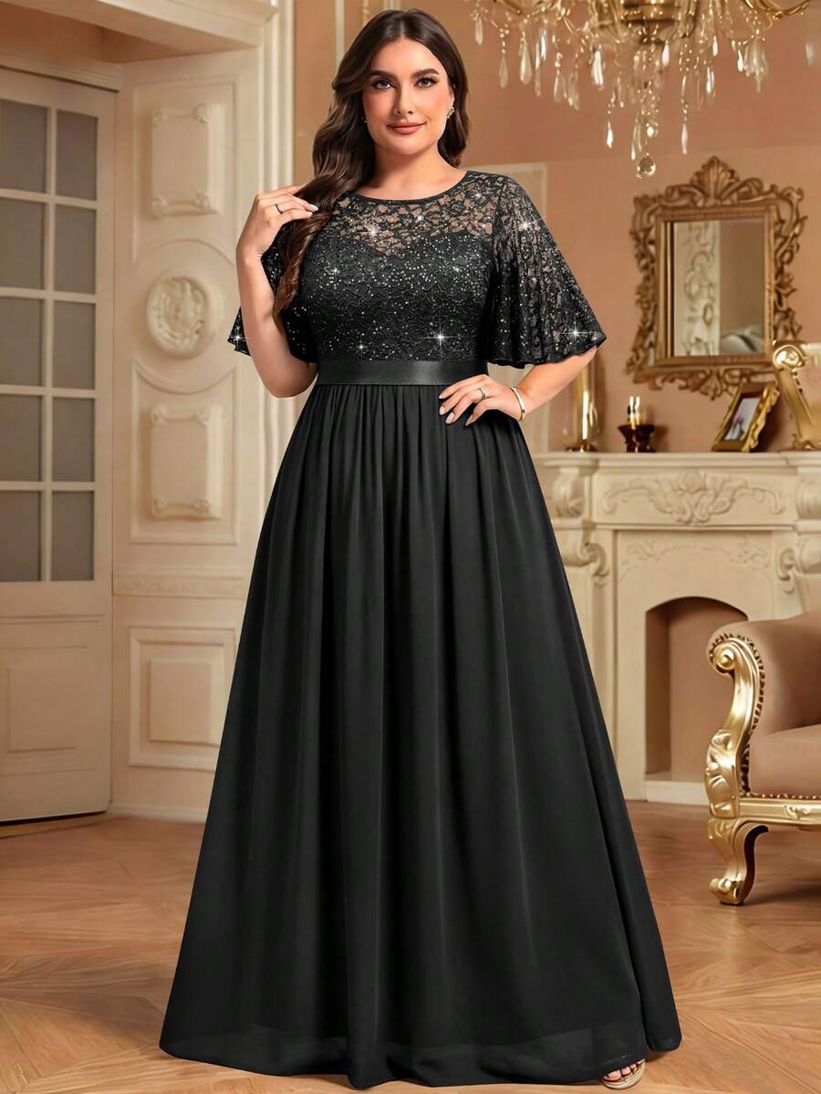 MIUSOL Plus Sequin Floral Lace Butterfly Sleeve Chiffon Pleated Hem Evening Party Long Dress - 黑色 - 查看 1