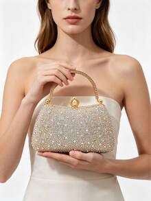 Women's Rhinestone Evening Clutch Bag, Top Handle Frame Clutch, Sparkling Rhinestone And Pearl Decorated Hard Shell Wallet, Luxury Style Suitable For Weddings, Proms - Gold - View 3