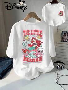 Disney The  Ariel Print T Shirt Women Casual Red Double Sided Short Sleeve Tee With Flounder Sebastian - Light Grey - View 8