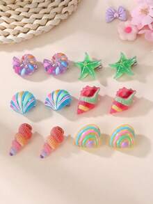 12pcs Kids Beach Vacation Colorful Shell, Conch, Starfish Hair Clip Set, Ocean Style Girls Hair Accessories - Multicolor - View 9