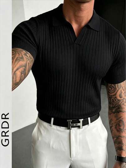 GRDR Men's Summer Knit Polo Shirt, Solid Color Short Sleeve Knit Collar, Suitable For Summer Outings, Essential For Fashionable Outfit