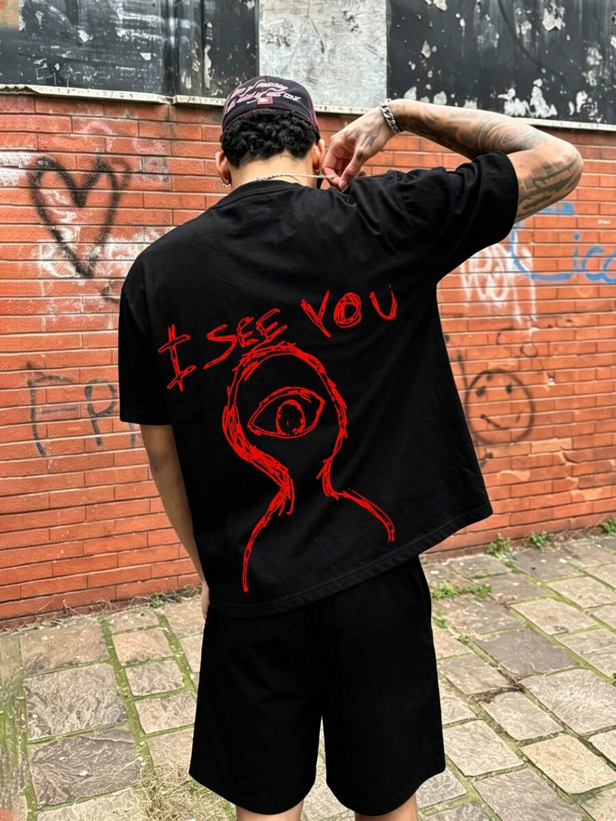 美式嘻哈风格字母涂鸦印花短袖两件套男士夏季休闲运动服 - 彩色 - 查看 1