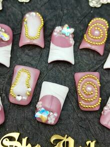 DIY 10pcs Full Cover Duck-Shaped Press-On Nails, White & Red Nail Art, Red Leopard Print With 3D Rhinestones & Pearls, Y2K Elegant & Luxurious Style, Removable Fake Nails For Spring, Summer, Autumn, Winter, Suitable For Party, Daily Wear And Cosplay, Includes Jelly Glue And Nail File Handmade Press On Nails - White - View 3