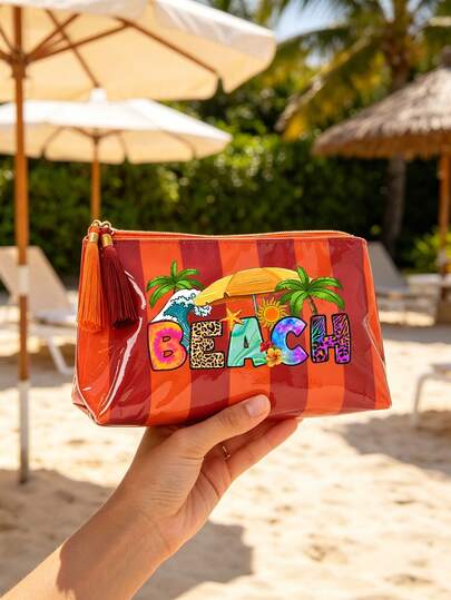 夏季海灘彩色條紋PVC化妝包，彩色「BEACH」印花旅行盥洗包，防水流蘇拉鍊收納袋，多功能收納包，海灘度假與郵輪旅行必備，返校禮物，教師節禮物
