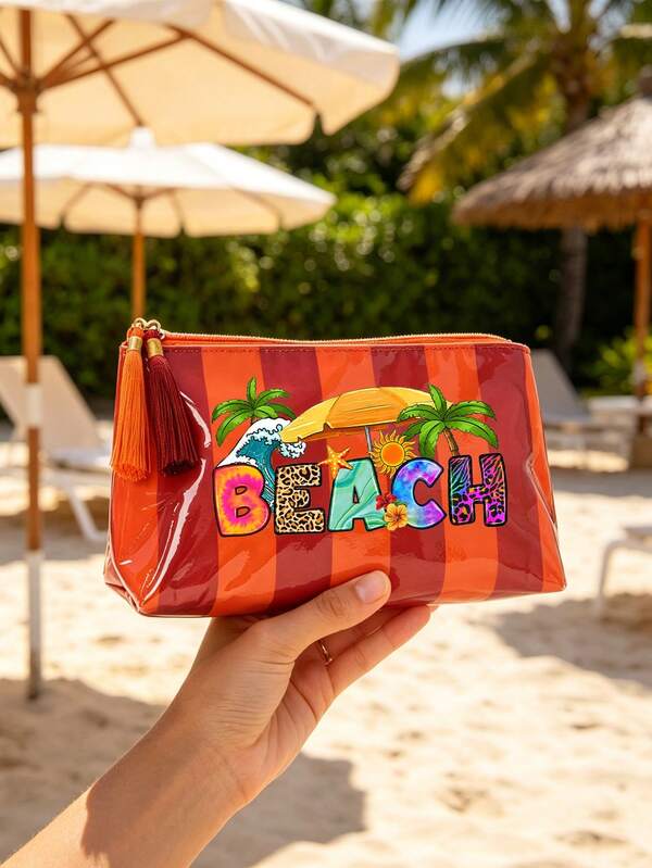 夏季海灘彩色條紋PVC化妝包，彩色「BEACH」印花旅行盥洗包，防水流蘇拉鍊收納袋，多功能收納包，海灘度假與郵輪旅行必備，返校禮物，教師節禮物