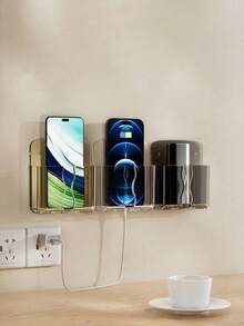 1pc Wall-Mounted Remote Control And Phone Holder, Drill-Free Charging Stand, Transparent Design Storage Box, Suitable For TV And Air Conditioner Remotes, Space-Saving Storage Organizer Rack - Multicolor - View 2