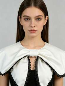 1 Pc Detachable Bowknot False Collar White Lace Trim Satin Cape Collar, Vintage Lolita Style Dickey Collar, Versatile Accessory For Blouses & Dresses - White - View 5