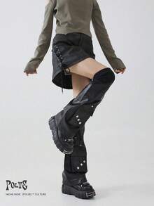 polve 1 Pair Y2K Subculture Style Black Leather Patchwork Ribbed Leg Warmers With 3D Pockets, Slimming Leg Covers - Black Rivets - View 6