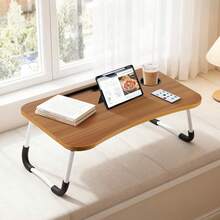 Laptop Bed Table With Foldable Legs – Height Adjustable Bed Tray With Cup Holder & Phone Slot, Portable Notebook Stand For Sofa, Bed, Floor - Walnut Wood - View 1