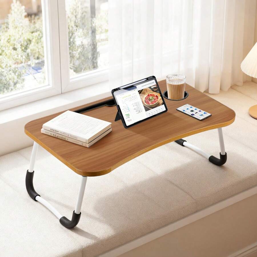 Laptop Bed Table With Foldable Legs – Height Adjustable Bed Tray With Cup Holder & Phone Slot, Portable Notebook Stand For Sofa, Bed, Floor - Walnut Wood - View 1