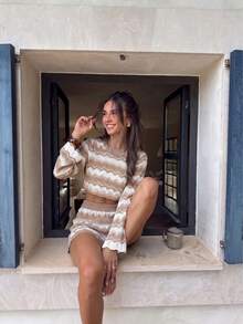 Senya Striped Crochet Knit Crop Top & High Waist Shorts 2 Pieces Set Women's Outfit, Suitable For Vacation Wear, Travel Wear, Beach Cover-Up - Khaki - View 2