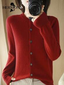 Women's Solid Color Round Neck Knit Cardigan With Buttons - Modern And Comfortable - Red - View 1